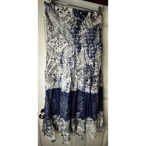 Metrowear Boho Tiered Skirt Blue White Tie Dye Midi Flowy Festival Cottagecore